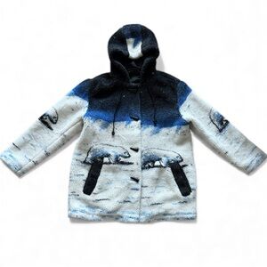 Vintage Polar Bear Sherpa Jacket Hooded Toggle Coat Blue White Made in Turkey